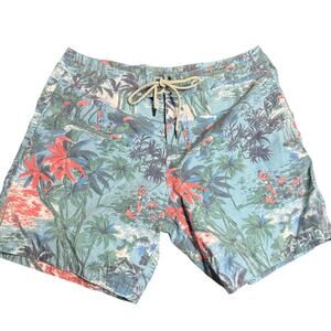 Faherty Brand Tropical Swim Trunks Board Shorts, Blue Palm Scenic Print, 34
